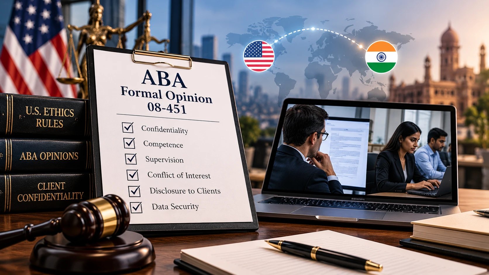 A clipboard titled ABA Formal Opinion 08-451 with a checklist covering confidentiality, competence, supervision, conflict of interest, disclosure to clients and data security, beside a laptop showing a US lawyer and an Indian team.