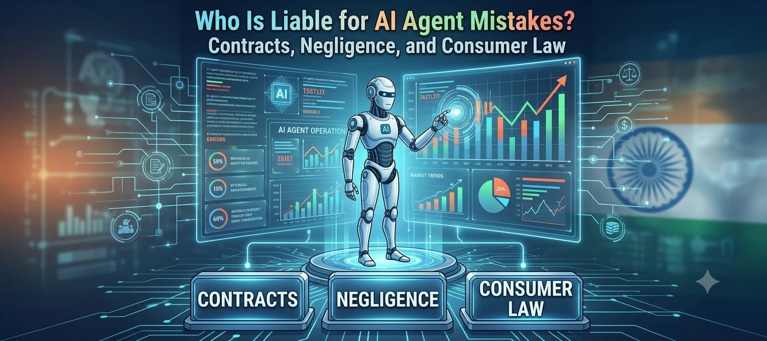 A robot presenting dashboards with three pedestals labelled contracts, negligence and consumer law, illustrating who is liable for AI agent mistakes in India.