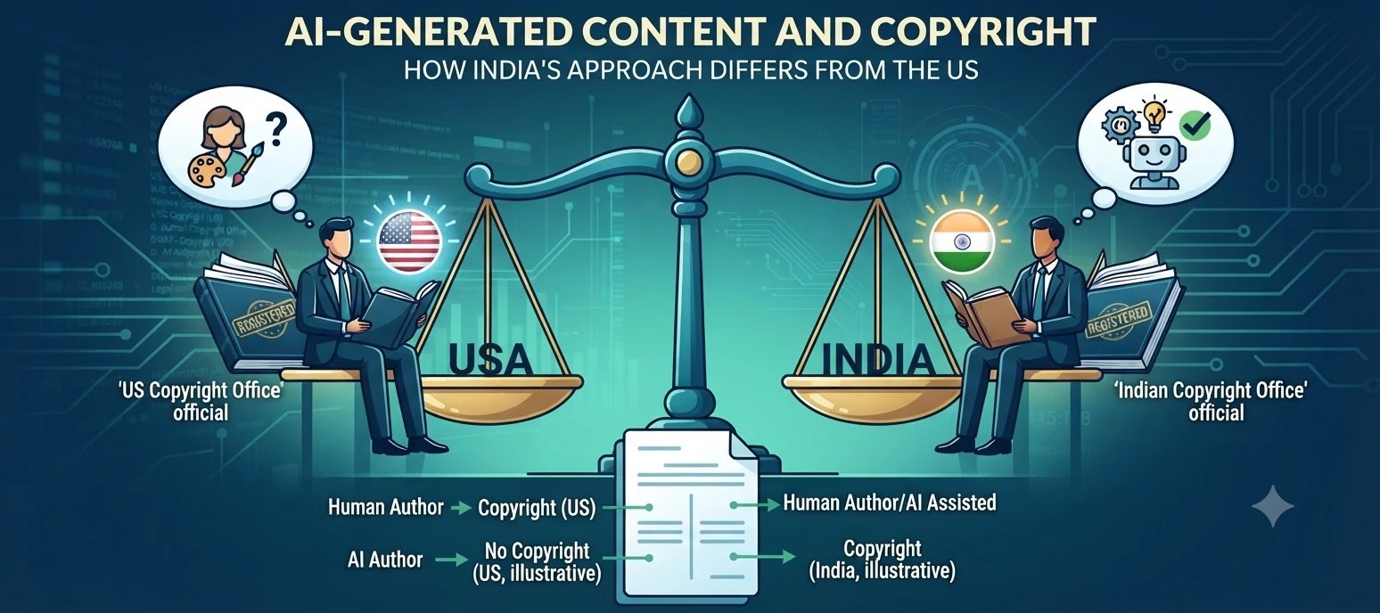 A balance scale comparing the United States and India on AI-generated content and copyright, with officials reading law books and a flow showing human author, AI author and human-assisted outcomes in each country.