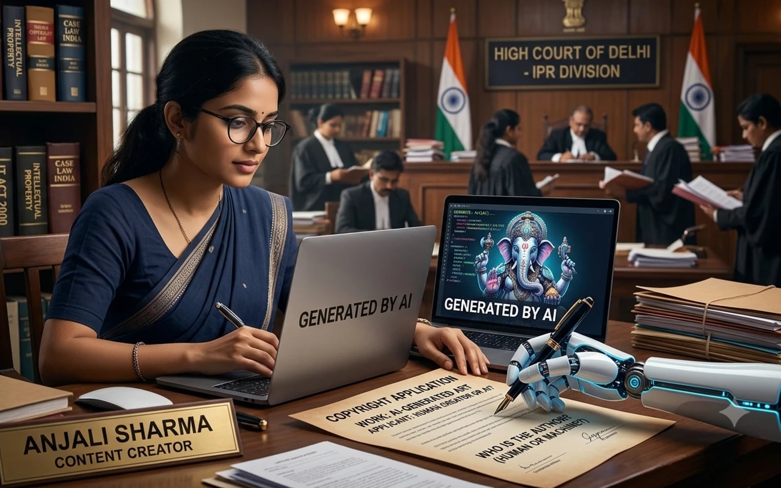 A lawyer reviewing an AI-generated copyright application in an Indian courtroom, illustrating who owns AI-generated content in India under the Copyright Act, 1957.