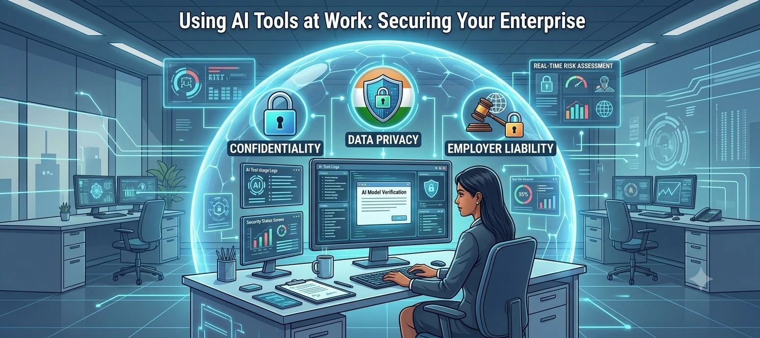 An employee working at a desk inside a protective shield labelled confidentiality, data privacy and employer liability, illustrating the legal risks of using AI tools at work.