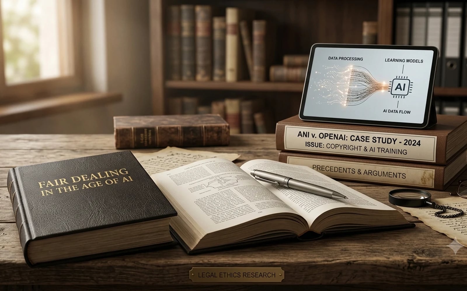 A desk with a book titled Fair Dealing in the Age of AI, an open law book and a tablet showing an AI data flow diagram, beside case files marked ANI v. OpenAI.