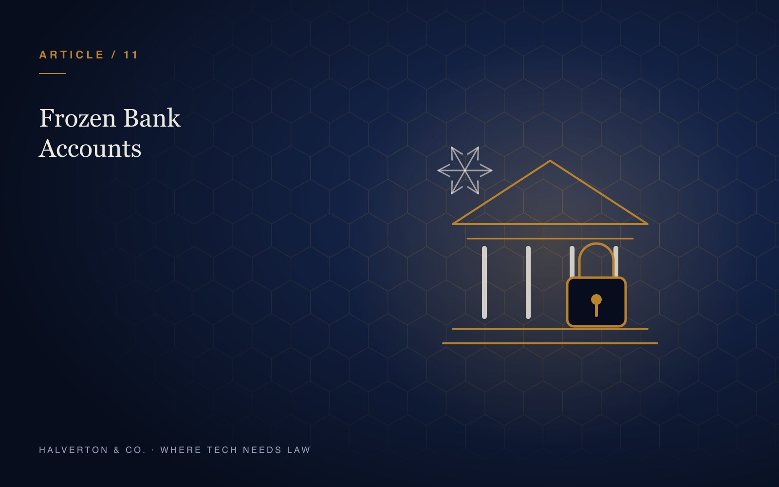An illustration of a bank building with a padlock and a frost symbol, representing a bank account frozen over a crypto or UPI transaction.
