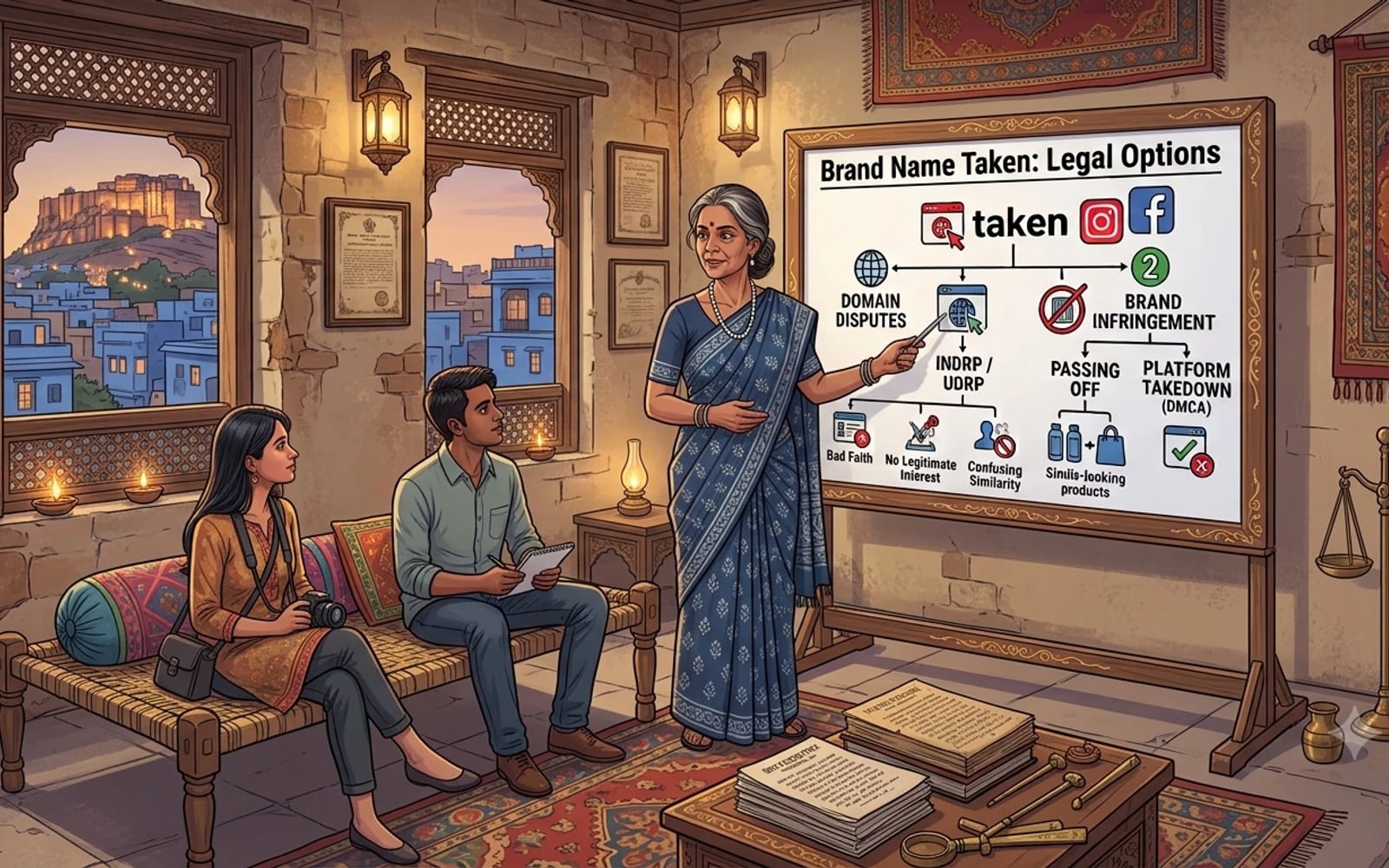 A lawyer explaining a whiteboard titled Brand Name Taken: Legal Options, covering domain disputes, INDRP and UDRP, passing off and platform takedowns, to two founders.