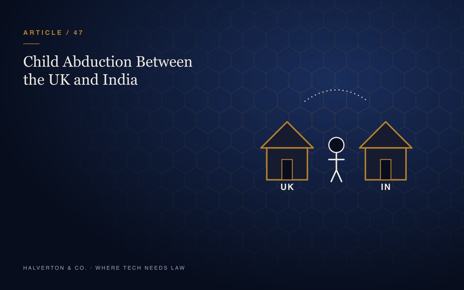 An illustration contrasting a UK parent with a house and passport and an Indian parent with a court building and passport, with a child between them and a checklist of mediation, legal aid and court application.