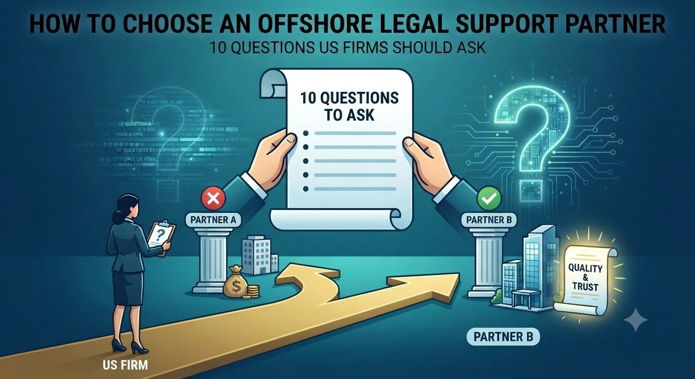 A US firm lawyer holding a clipboard in front of two columns labeled Partner A and Partner B, with a scroll titled 10 questions to ask and a glowing document marked quality and trust.
