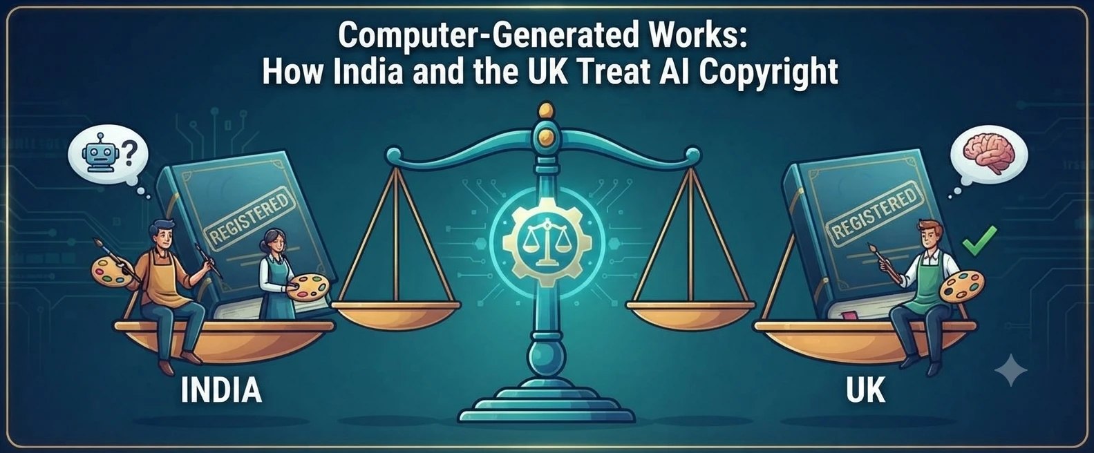 A balance scale comparing India and the UK on computer-generated works and AI copyright, with a robot question bubble on the India side and a brain bubble and tick on the UK side, each beside a registered book.