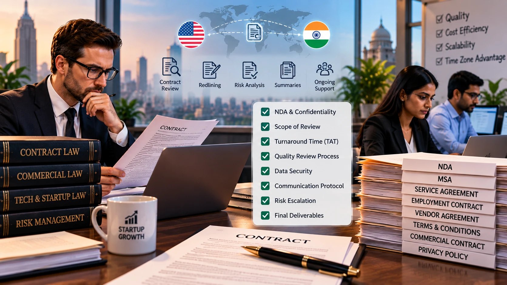 A US lawyer reviewing a contract beside an Indian team, with icons for contract review, redlining, risk analysis, summaries and ongoing support, and a checklist covering NDA, scope, turnaround, quality review and data security.