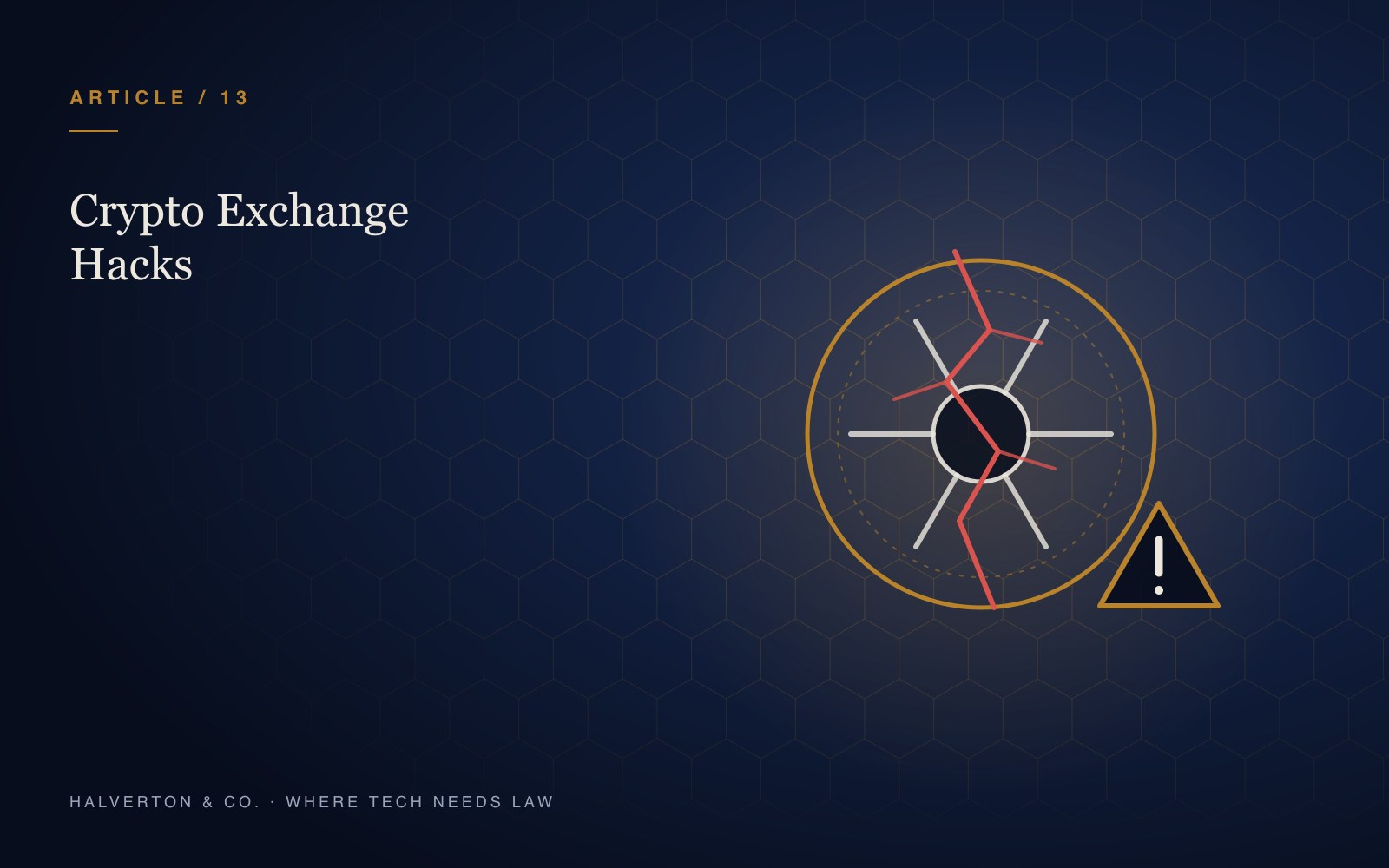 An illustration of a cracked vault door with a warning triangle, representing a hacked crypto exchange.