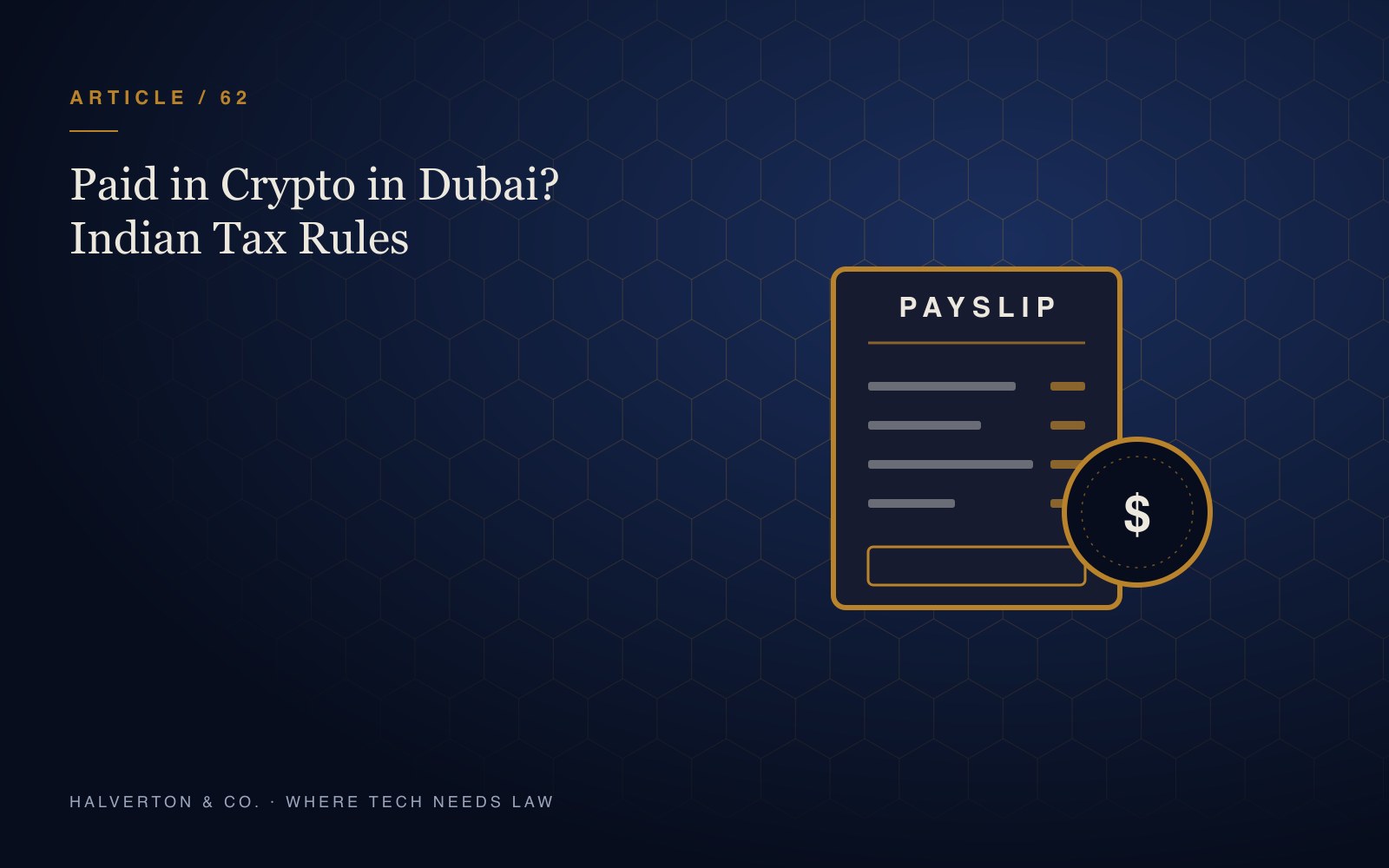 An illustration of a payslip with a coin badge, on a navy and gold background, for an article on Indian tax on a crypto salary earned in Dubai.