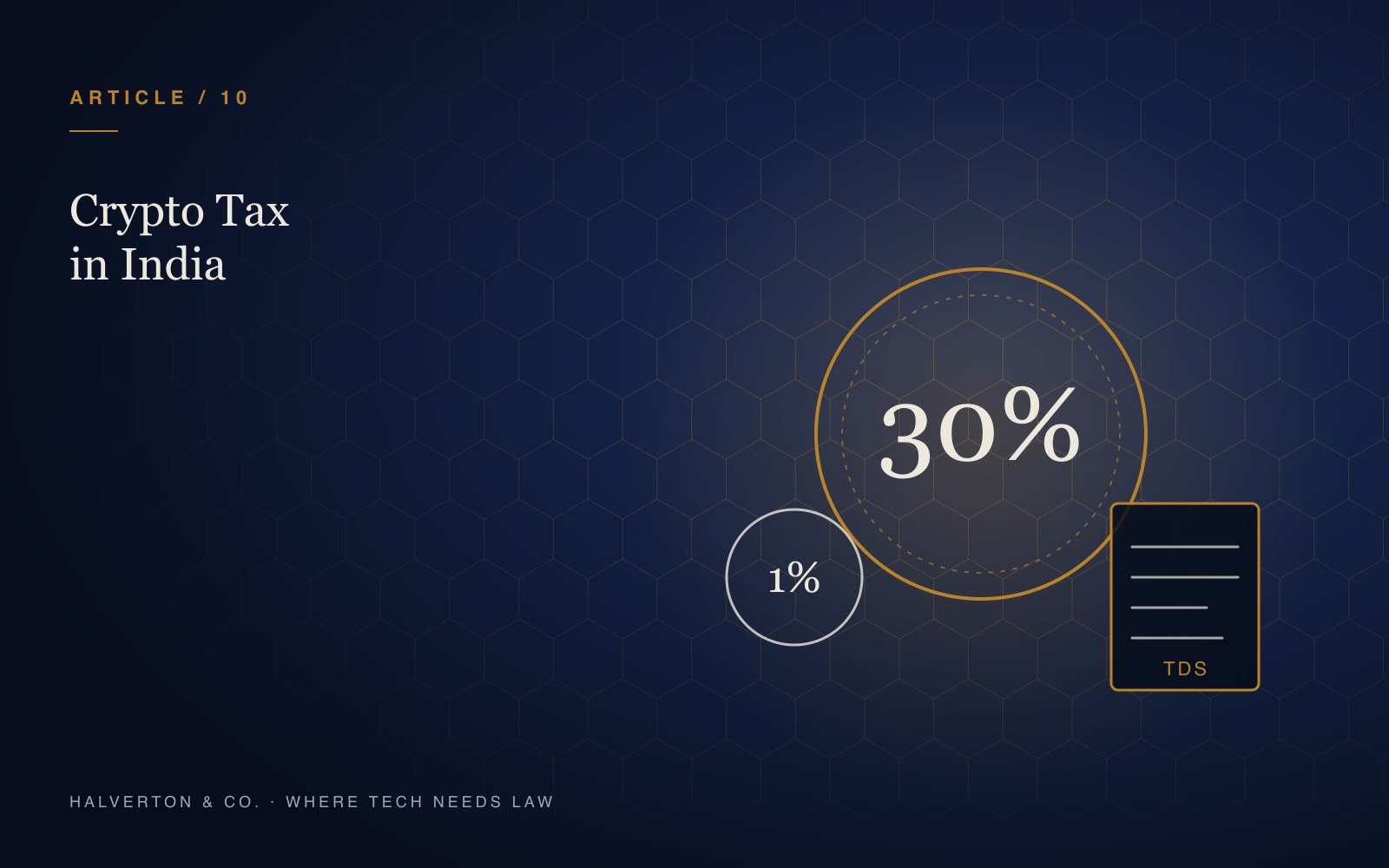 An illustration of a coin marked 30% beside a smaller coin marked 1% and a TDS document, representing crypto tax in India.