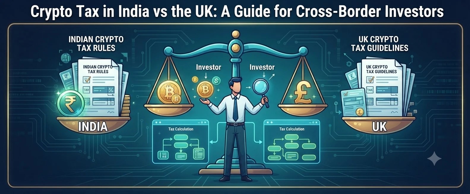 A balance scale comparing Indian crypto tax rules, shown with bitcoin and a rupee coin, against UK crypto tax guidelines, shown with a pound coin, with a cross-border investor in the middle.
