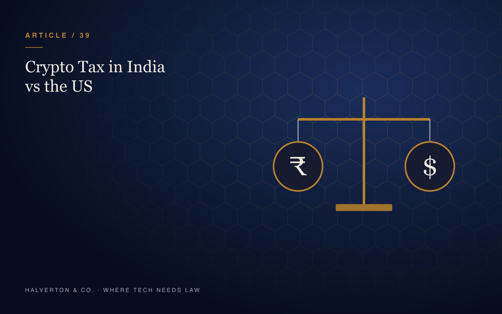 An illustration of a balance scale holding a rupee coin and a dollar coin on a navy and gold background, for an article comparing crypto tax in India and the US.