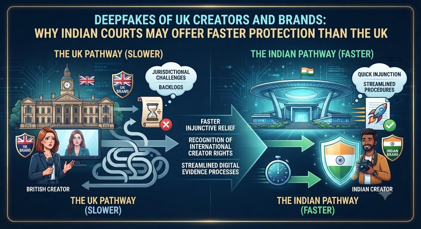An infographic contrasting the slower UK pathway, with jurisdictional challenges and backlogs, against the faster Indian pathway, with quick injunctions and streamlined procedures, for deepfakes of UK creators and brands.