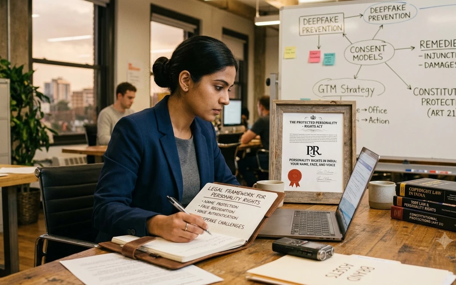 A lawyer at a desk writing notes on the legal framework for personality rights, with a whiteboard on deepfake prevention and remedies, law books and a voice recorder beside her.