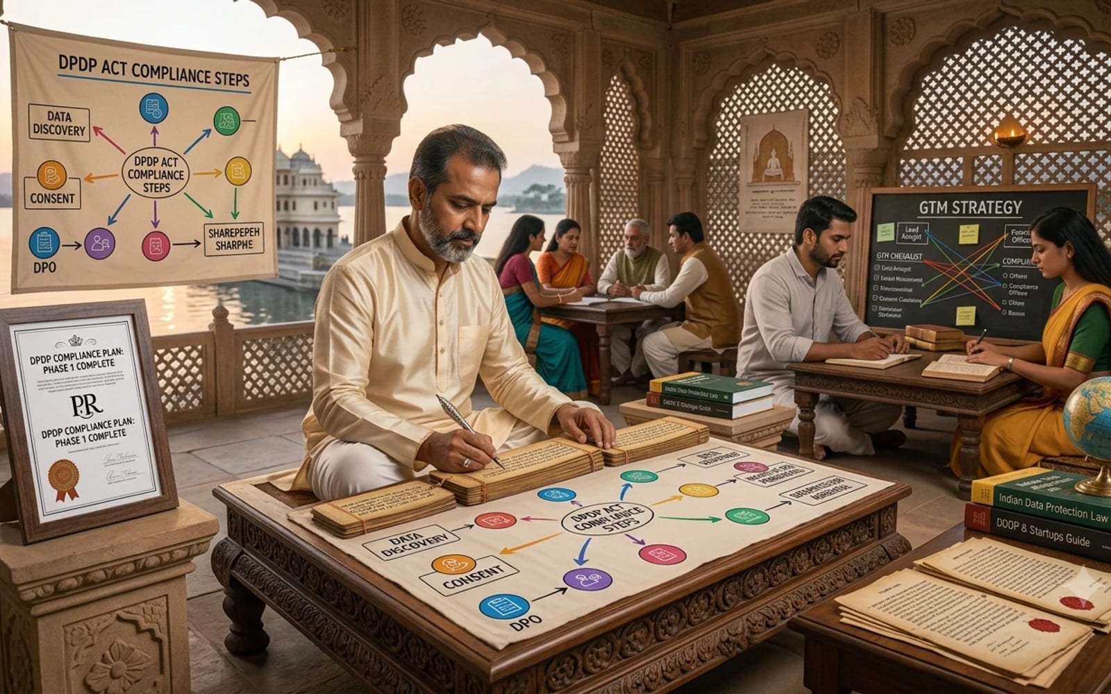 A founder writing out DPDP Act compliance steps on a large chart in a courtyard office, with a framed compliance plan certificate and data protection law books beside him.
