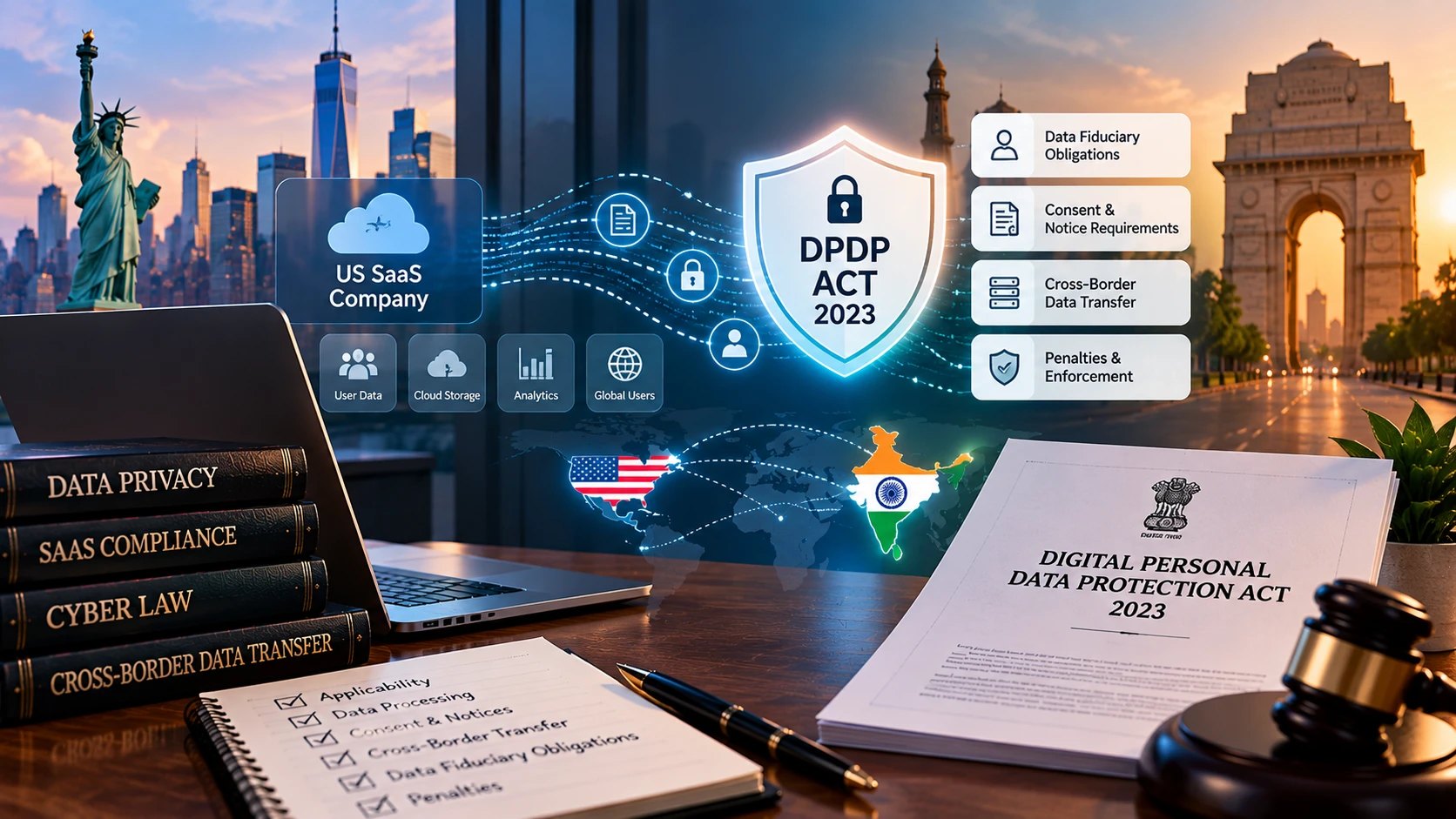 A graphic of a US SaaS company sending user data, cloud storage and analytics towards a shield labeled DPDP Act 2023, with panels for data fiduciary obligations, consent and notice, cross-border data transfer, and penalties and enforcement.