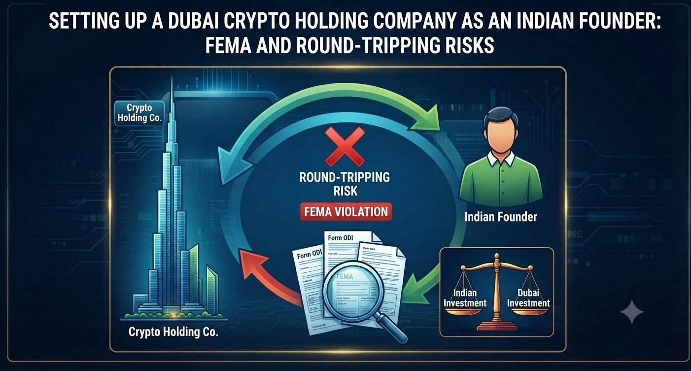 An illustration of a Dubai tower, a founder figure and circular arrows showing round-tripping risk, with ODI forms and a balance scale, on a navy and gold background.