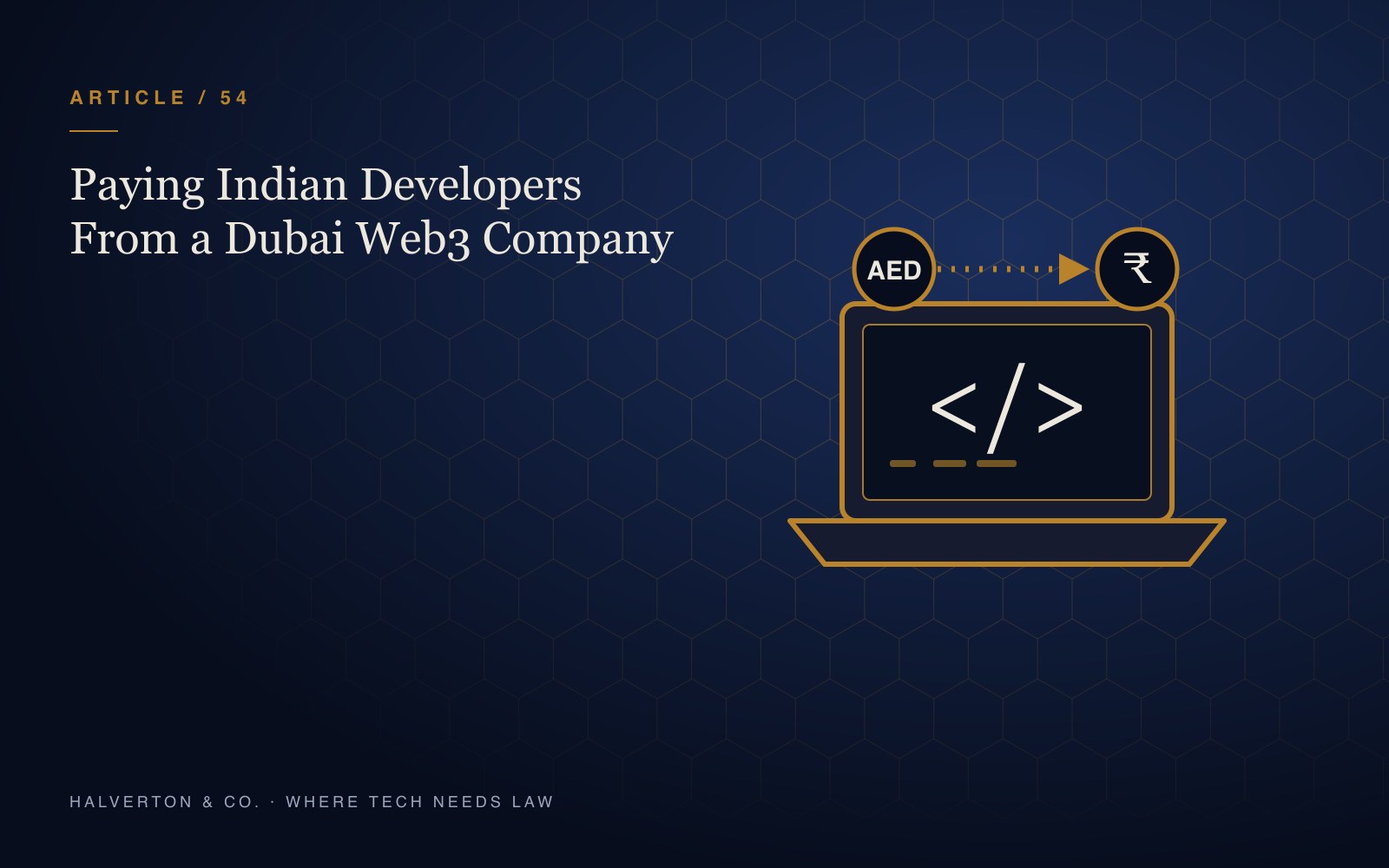 An illustration of a laptop showing code brackets with a dirham coin pointing to a rupee coin, on a navy and gold background, for an article on paying Indian developers from Dubai.
