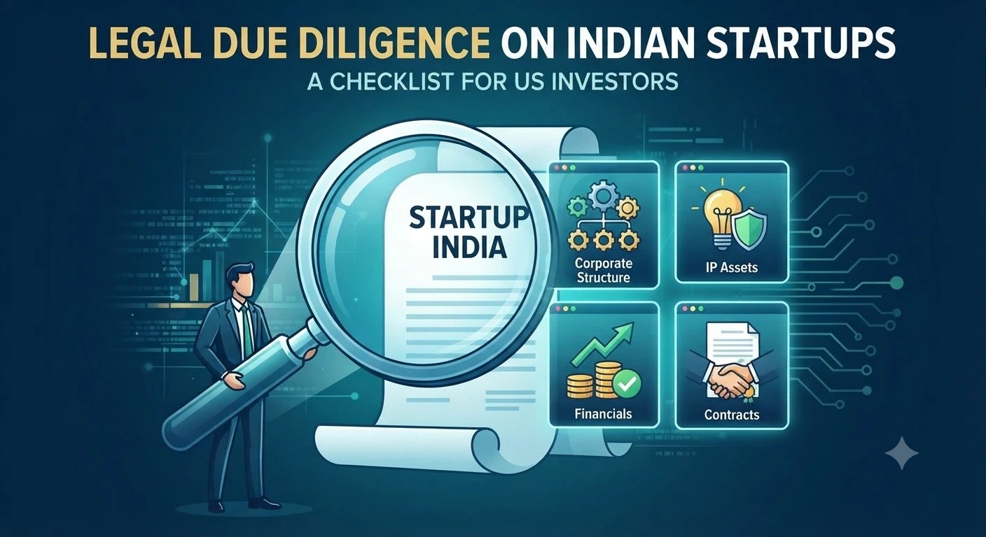 An investor holding a large magnifying glass over a document marked Startup India, with panels for corporate structure, IP assets, financials and contracts, for a legal due diligence checklist on Indian startups.