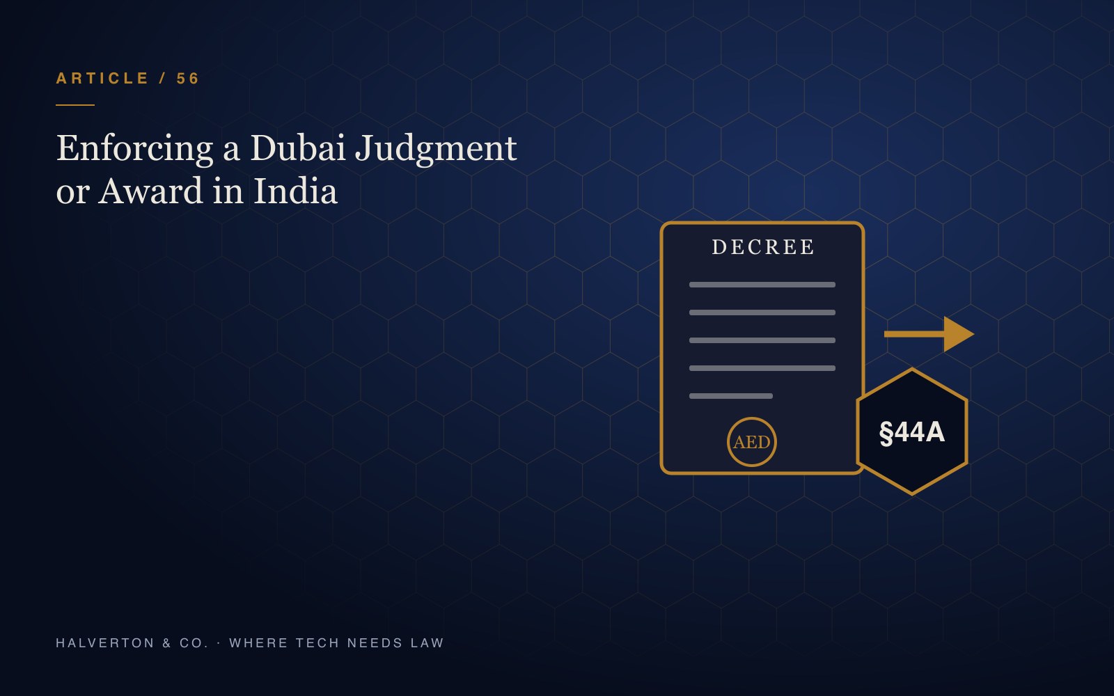 An illustration of a decree page marked in dirhams with an arrow to a hexagonal badge for Section 44A, on a navy and gold background, for an article on enforcing Dubai judgments in India.