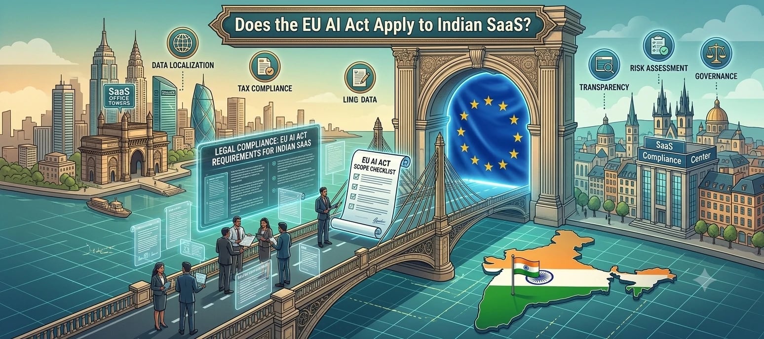 A bridge from an Indian city skyline to an arch with the EU flag, with a scope checklist, illustrating whether the EU AI Act applies to Indian SaaS companies.
