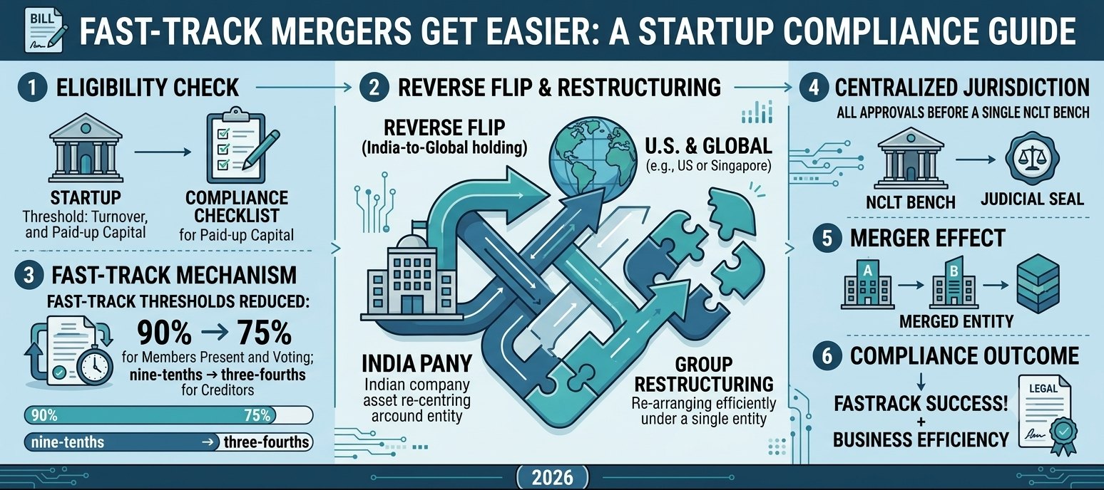An infographic titled Fast-Track Mergers Get Easier showing eligibility checks, reverse flips and restructuring, lower approval thresholds, a single NCLT bench and the merger outcome.