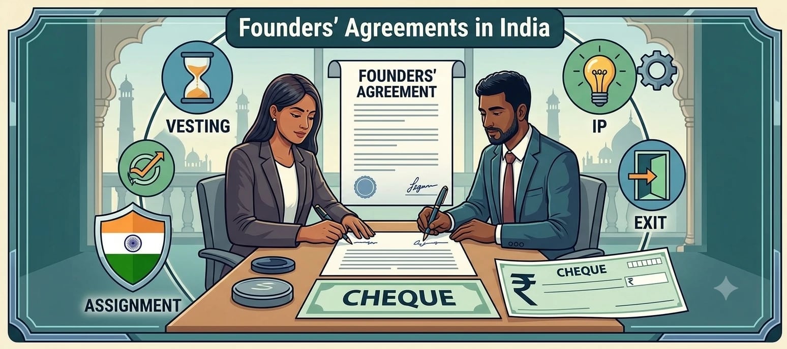 Two founders signing a founders agreement beside icons for vesting, IP, exit and assignment.