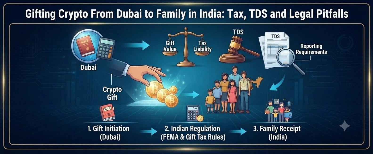 An illustration of a hand passing crypto coins to a family in India, with scales for gift value and tax liability, a TDS document and a three-step flow from Dubai, on a navy and gold background.
