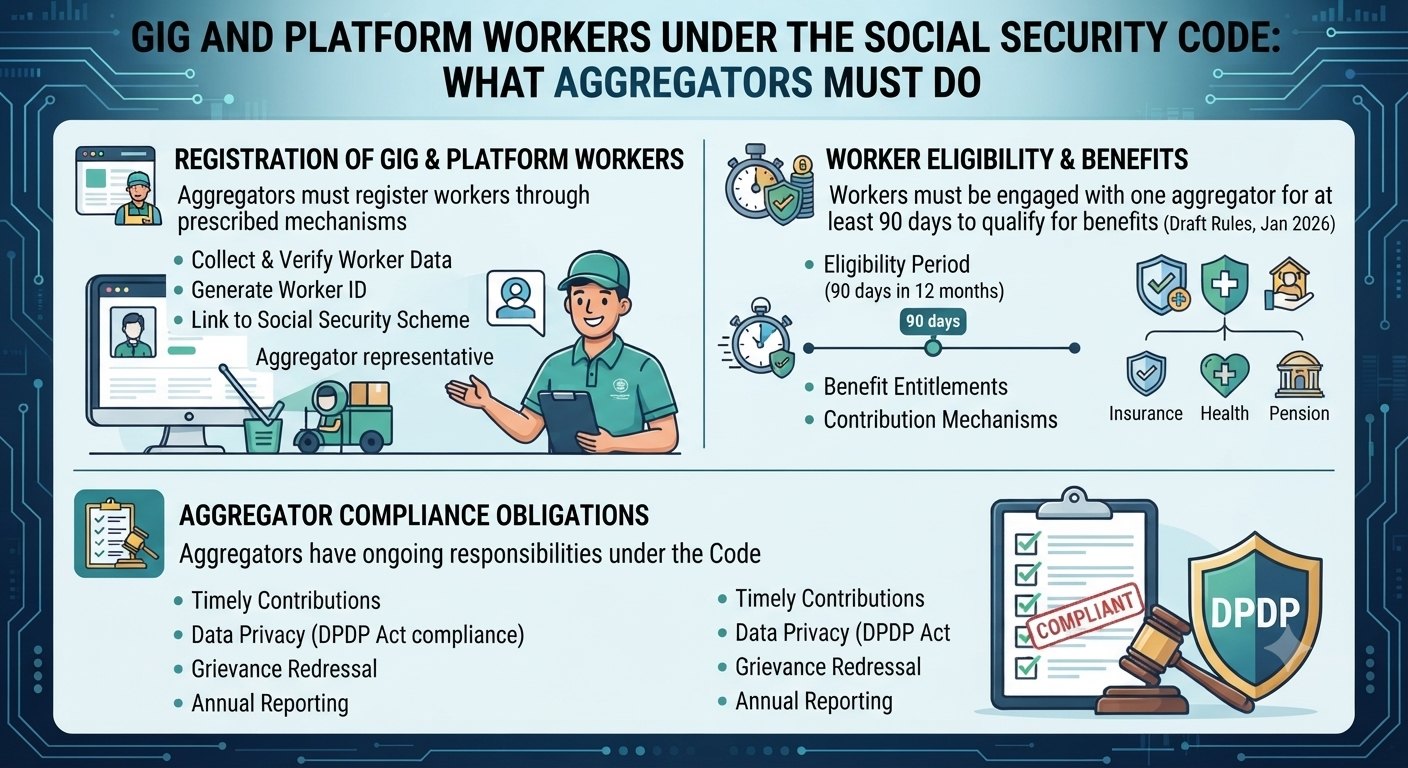 An infographic titled Gig and Platform Workers Under the Social Security Code showing worker registration, the 90-day eligibility rule and aggregator compliance duties.