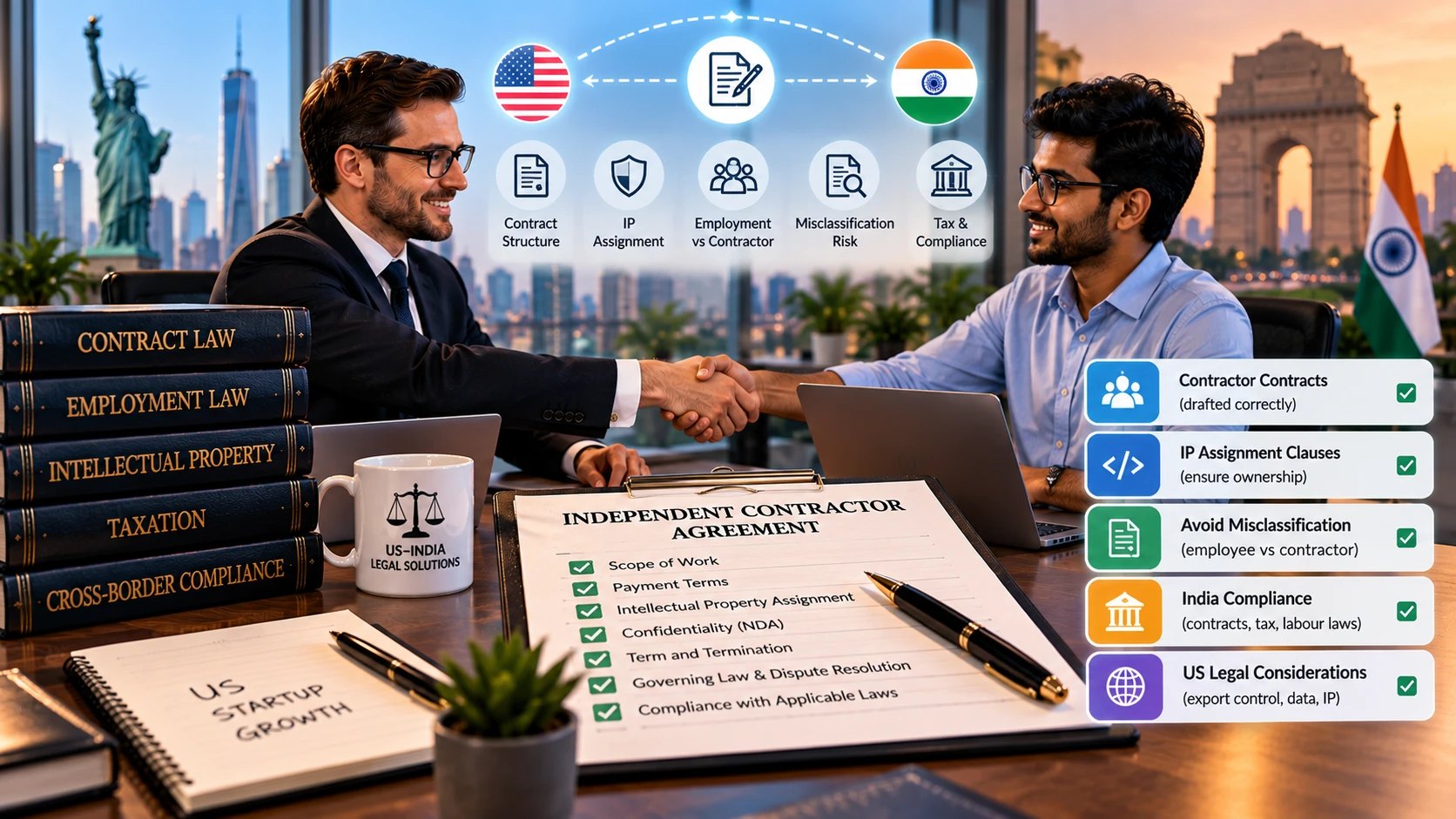 A US executive shaking hands with an Indian contractor over an independent contractor agreement, with cards for contractor contracts, IP assignment clauses, avoiding misclassification, India compliance and US legal considerations.