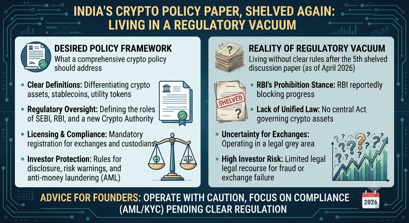 An infographic on India’s crypto policy paper being shelved again, contrasting a desired policy framework with the reality of a regulatory vacuum for founders and investors.