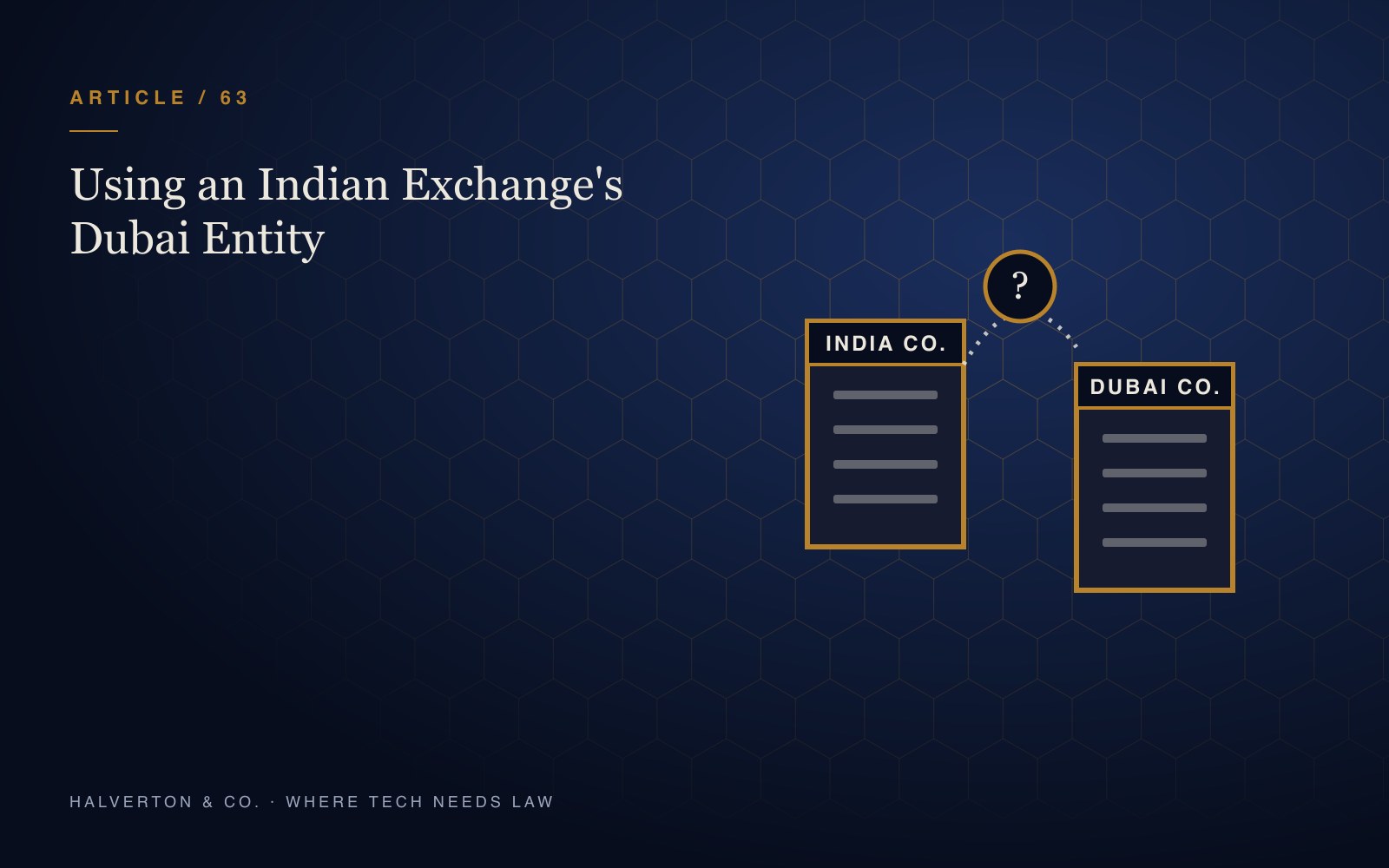 An illustration of two linked company documents labelled India Co. and Dubai Co. with a question mark between them, on a navy and gold background.