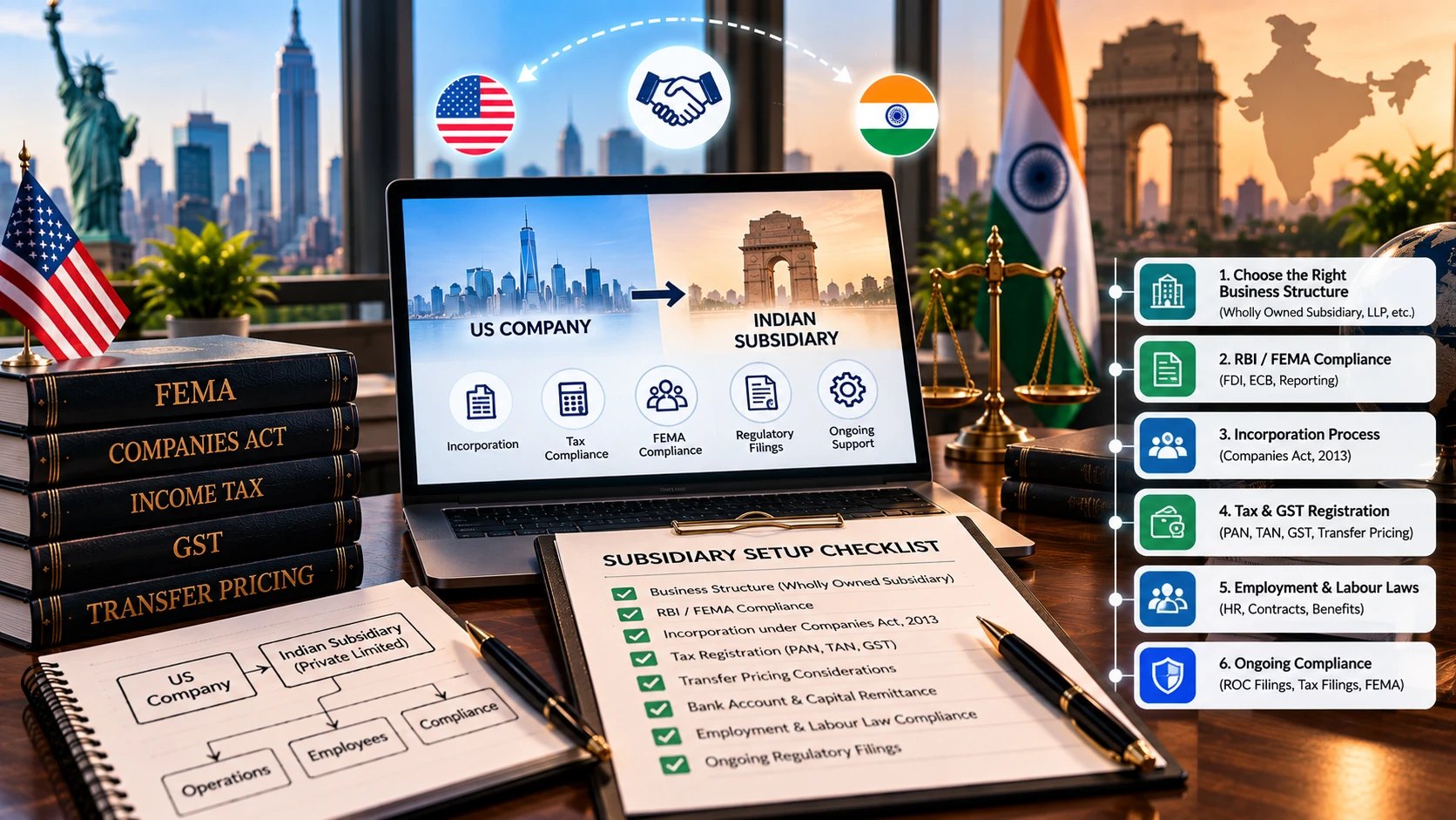 A laptop showing a US company and its Indian subsidiary beside a subsidiary setup checklist and a six-step list covering business structure, RBI and FEMA compliance, incorporation, tax and GST, labor law and ongoing compliance.