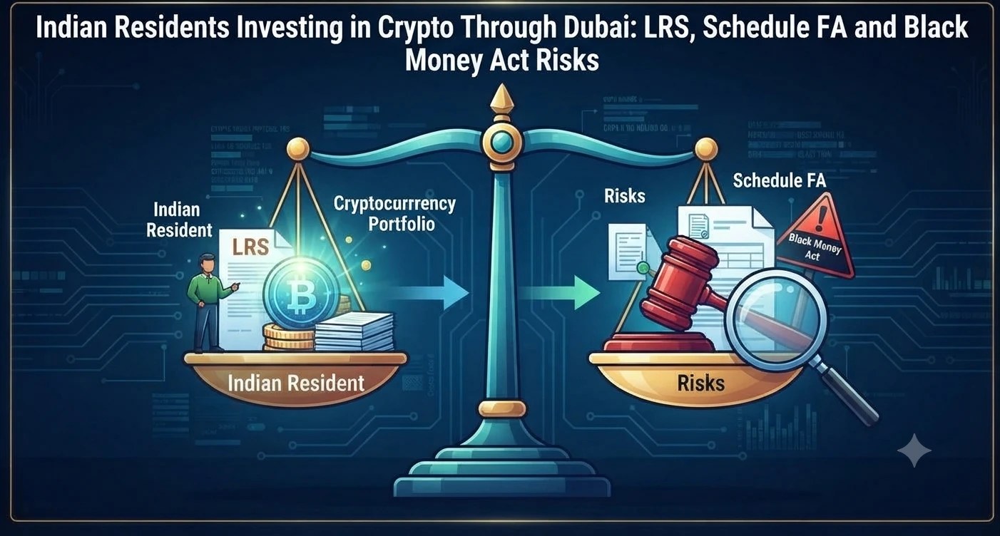 An illustration of a balance scale weighing an Indian resident’s crypto portfolio against risks such as Schedule FA and the Black Money Act, on a navy and gold background.