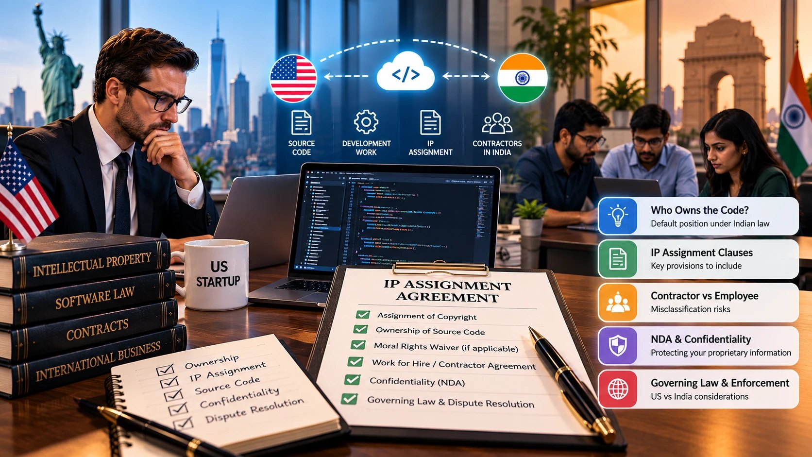 A US startup founder and an Indian development team with an IP assignment agreement checklist and cards on who owns the code, assignment clauses, contractor versus employee, NDA, and governing law and enforcement.