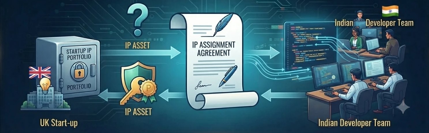 A UK start-up IP portfolio safe and an IP asset key linked through an IP assignment agreement to an Indian developer team working at screens of code.