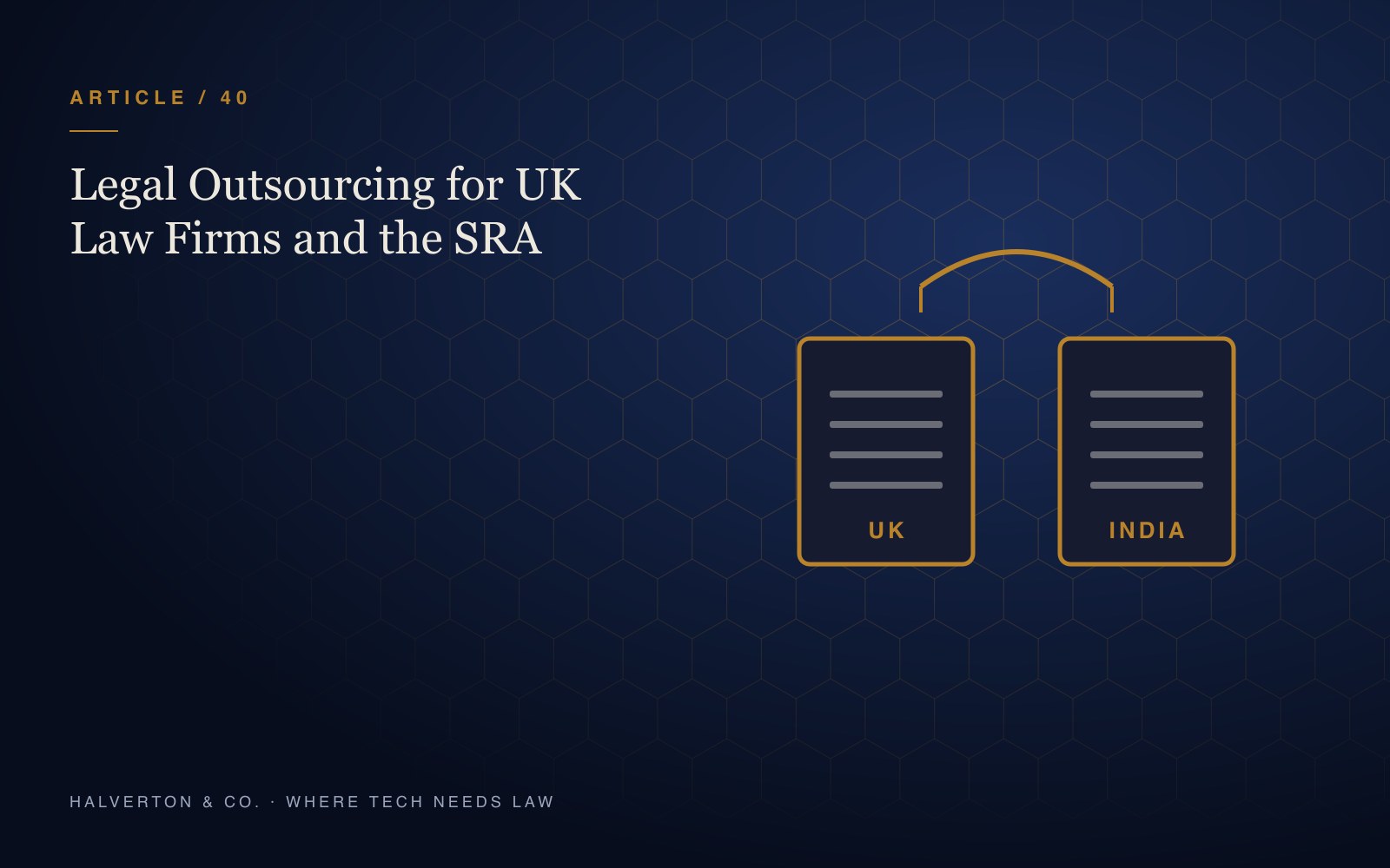 An illustration of a UK law firm hub and an Indian legal team office joined by a bridge on a navy and gold background, for an article on legal outsourcing for UK law firms and SRA expectations.