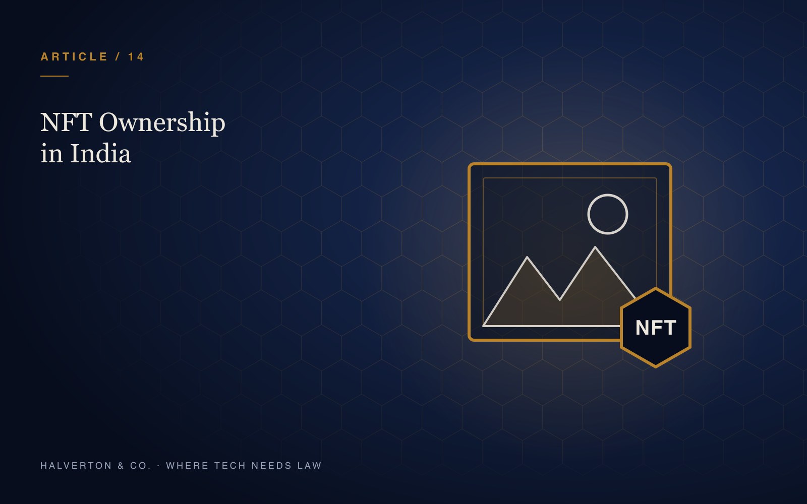 An illustration of a framed artwork with an NFT token badge, representing NFT ownership and IP rights in India.