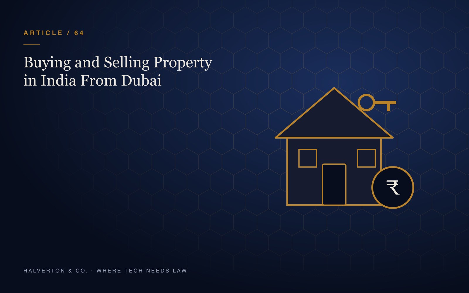 An illustration of a house with a key and a rupee coin, on a navy and gold background, for an article on buying and selling property in India from Dubai as an NRI.