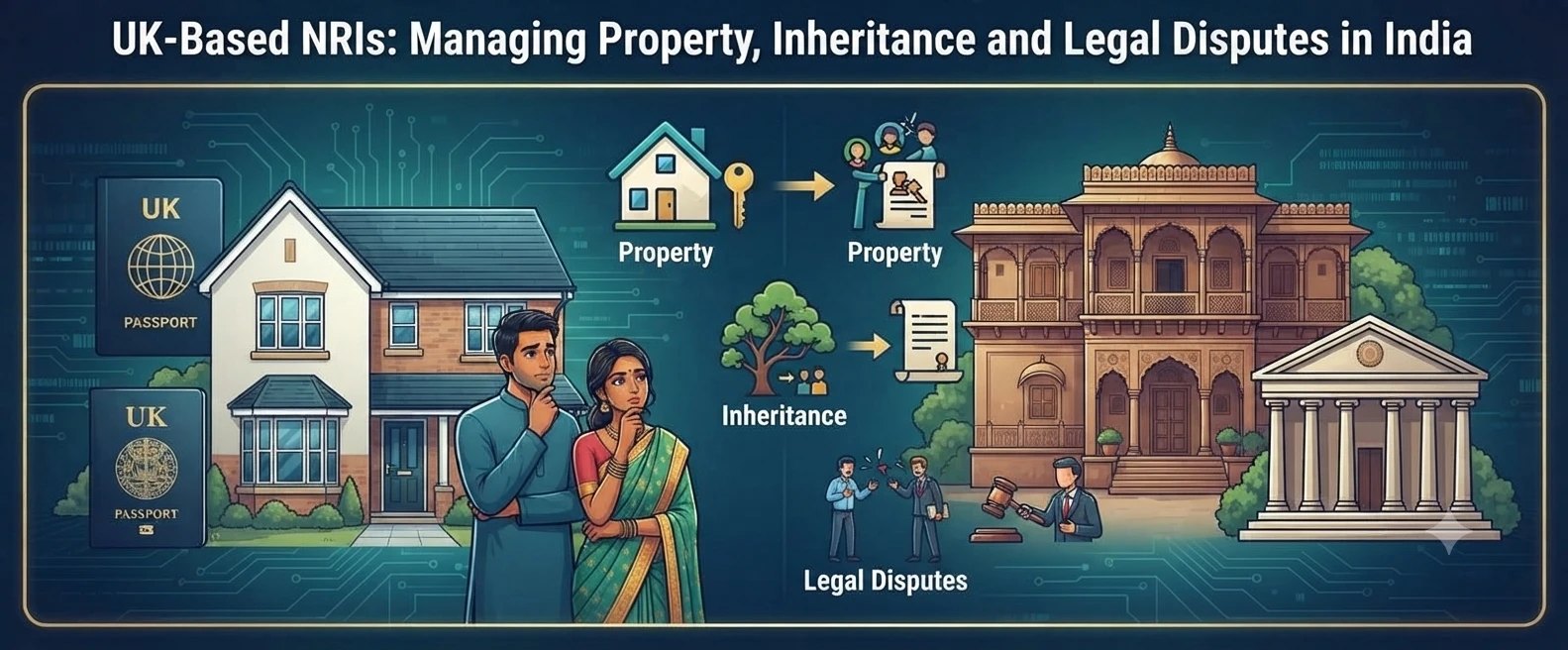 A British Indian couple thoughtfully standing between a UK house with two UK passports and an Indian property with a court building, with icons for property, inheritance and legal disputes.