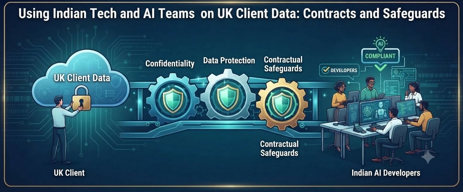 UK client data in a locked cloud passing through three gears marked confidentiality, data protection and contractual safeguards to a team of Indian AI developers working at screens, with a compliant label above.