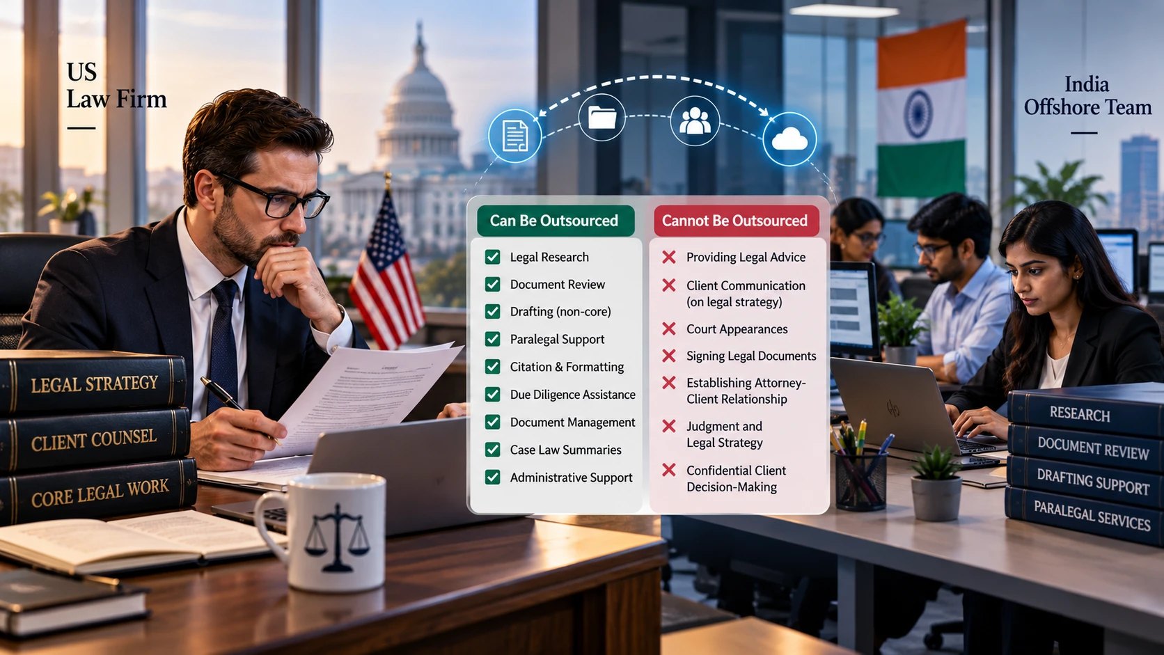 A split image of a US law firm and an Indian offshore team with a table headed Can Be Outsourced and Cannot Be Outsourced, listing legal research and document review against court appearances and providing legal advice.