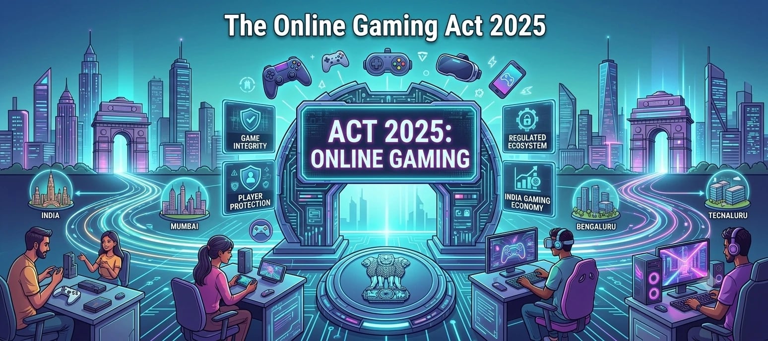 An illustrated gateway labelled Act 2025 Online Gaming among Indian city skylines with gamers, representing the Online Gaming Act 2025.