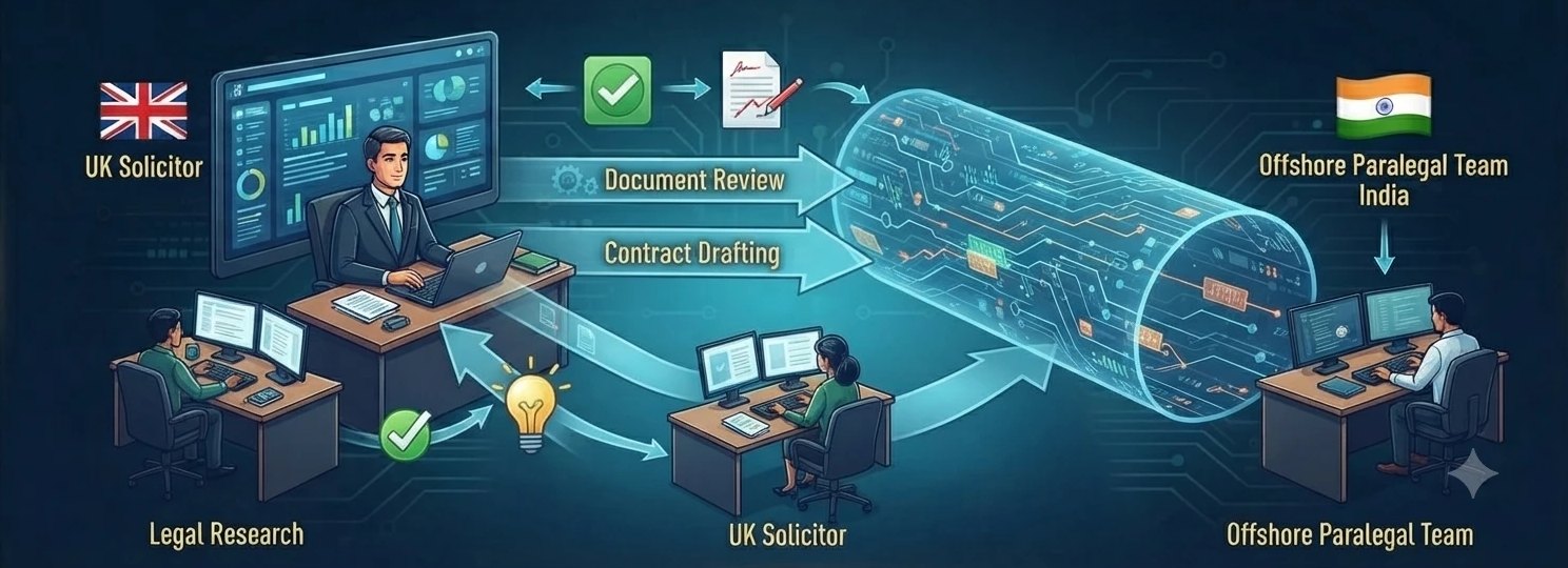 A UK solicitor at a desk sending document review and contract drafting tasks through a data tunnel to an offshore paralegal team in India, with legal research and a checked task on the UK side.