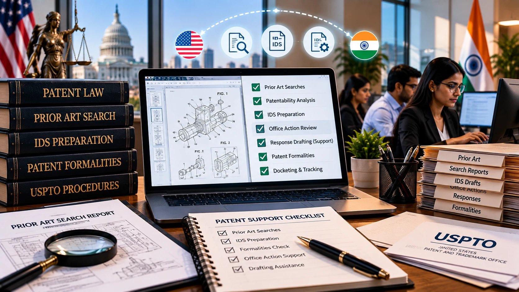 A laptop showing patent drawings and a checklist of prior art searches, patentability analysis, IDS preparation and office action review, with a US and an Indian flag connected by icons for search and IDS documents.