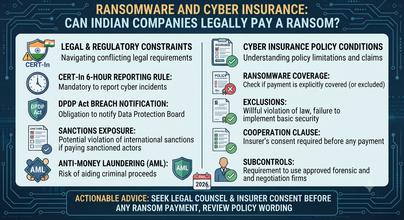 An infographic on ransomware and cyber insurance showing the CERT-In 6-hour rule, DPDP breach notification, sanctions and AML exposure, and typical cyber insurance policy conditions.