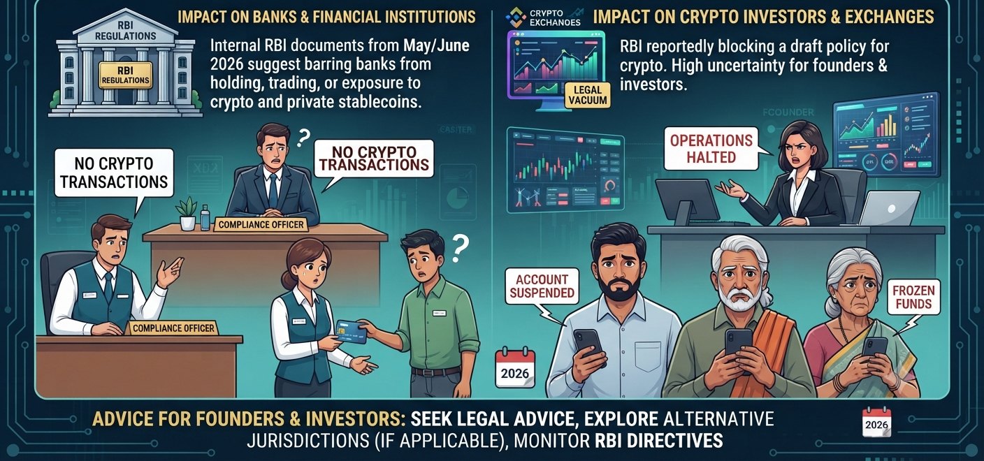 An infographic on the RBI leaning towards a crypto ban showing bank officials refusing crypto transactions, exchanges with halted operations, and frozen funds for investors.