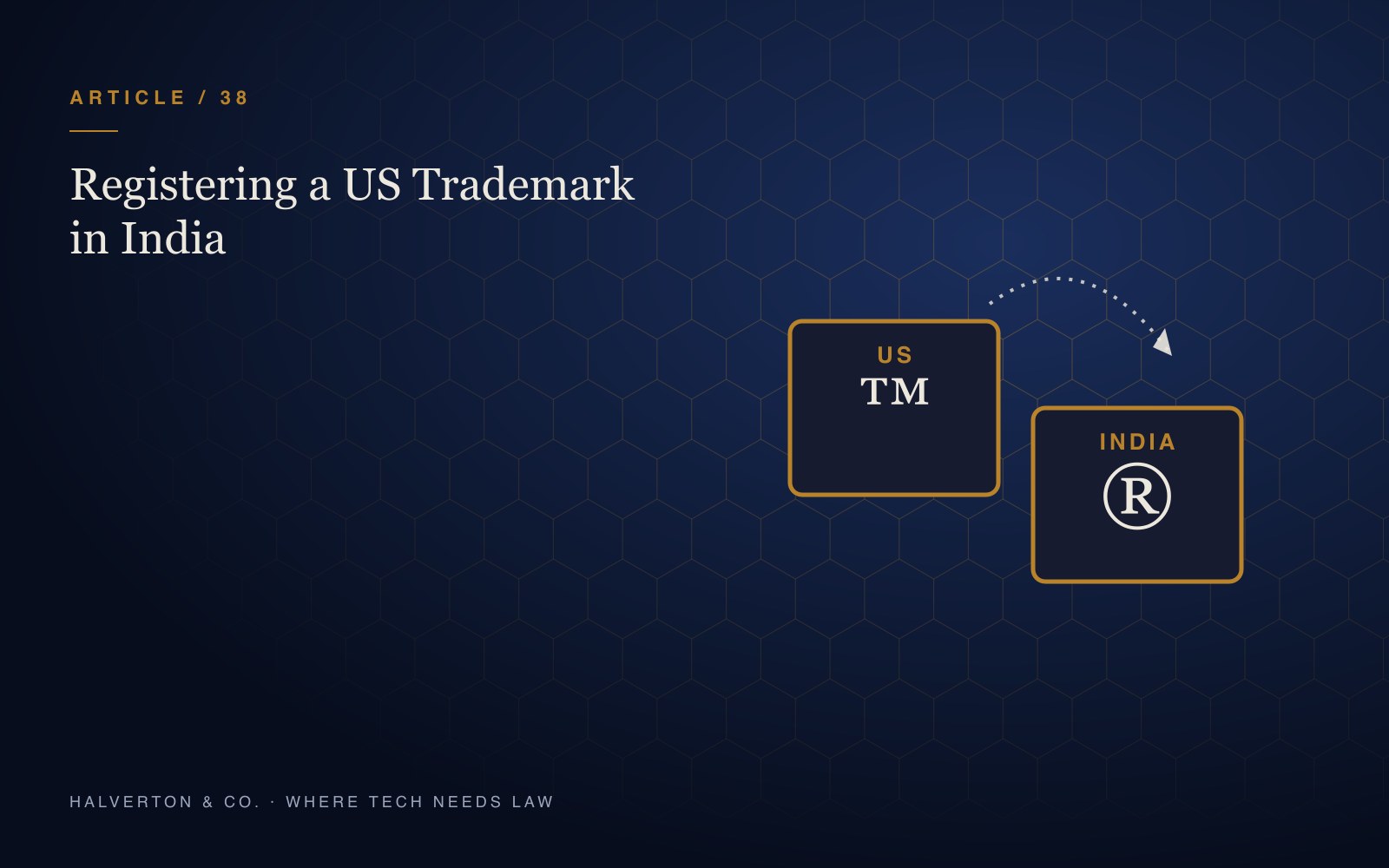 An illustration of a US trademark certificate and an Indian trademark certificate joined by a route marker on a navy and gold background, for an article on registering a US trademark in India.