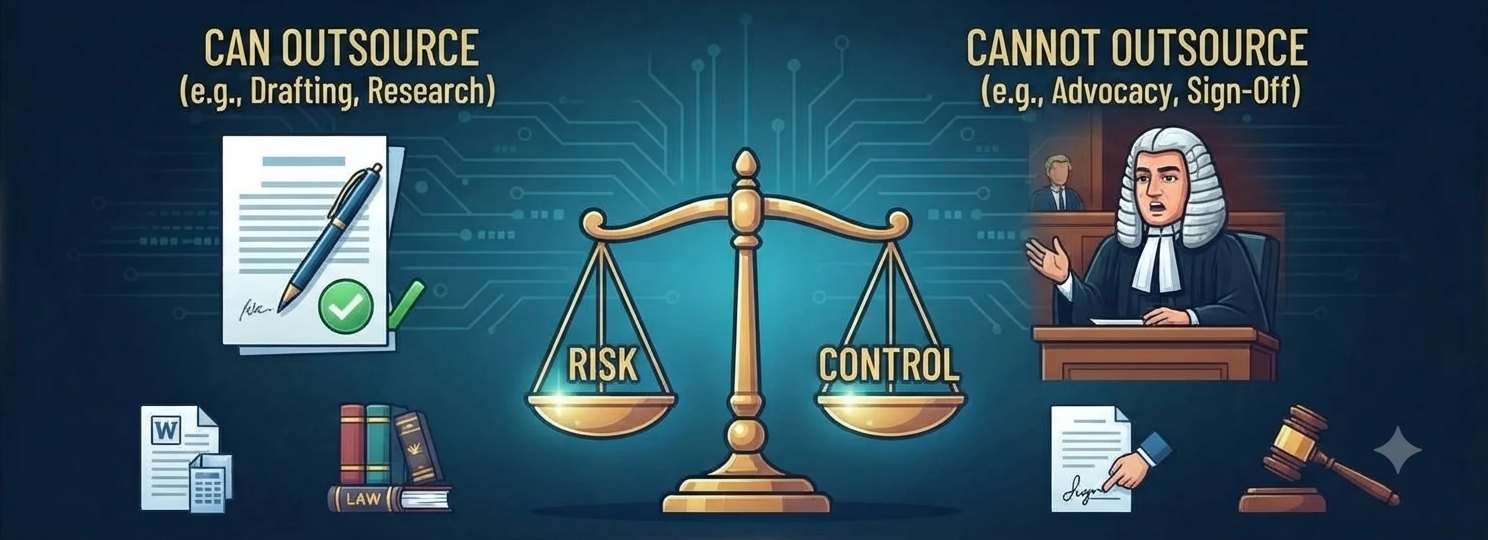 A balance scale labelled risk and control between a document with a pen marked can outsource, for drafting and research, and a judge in a wig marked cannot outsource, for advocacy and sign-off.